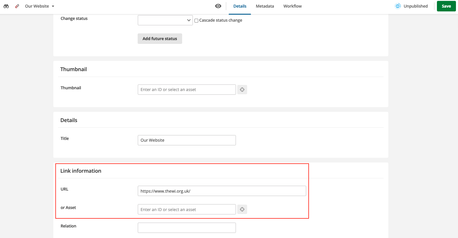 add url to link asset