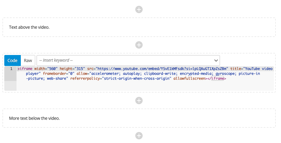 embedded youtube code with wysiwyg containers above and below