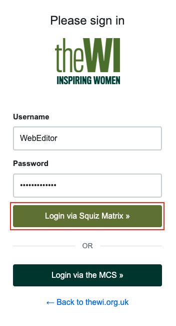log in via squiz matrix